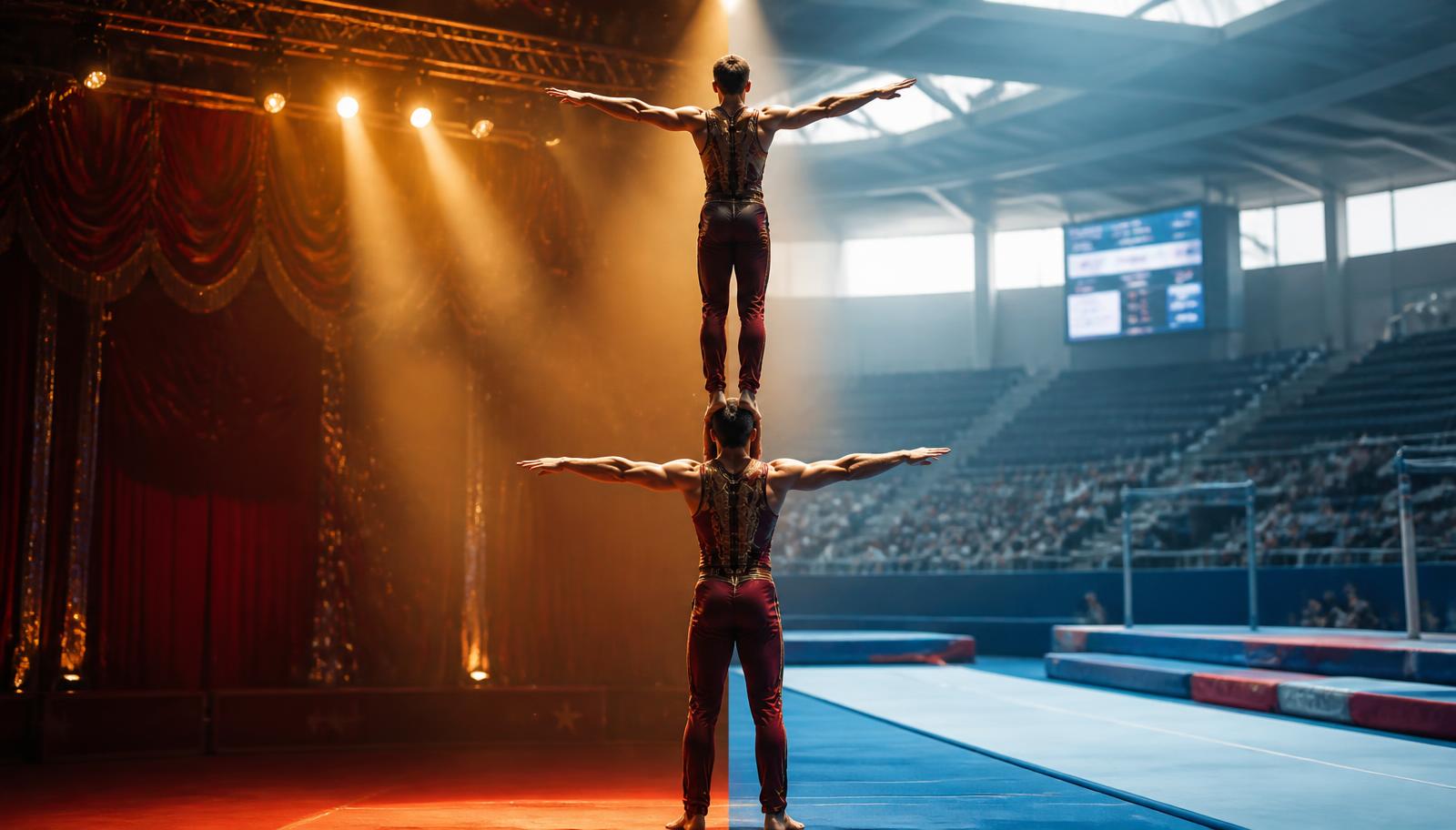 Acrobatie en duo — un porteur et un voltigeur, entre piste de cirque et salle de compétition